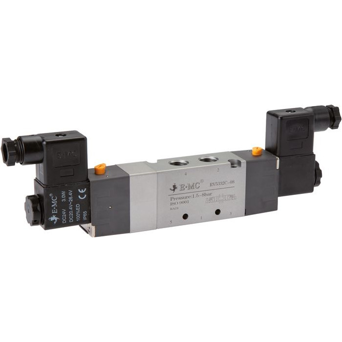 5/3cestný solenoidový ventil, G 1/4", Střed uzavřen, 24 V DC