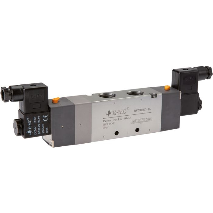 5/3-drogowy zawór elektromagnetyczny, G 1/2", Pozycja srodkowa napowietrzana, 24 V DC